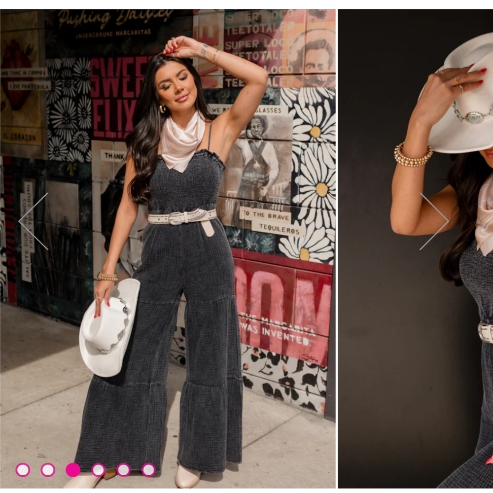 Pink Lily Size Medium Acid Wash Smocked Jumpsuit-